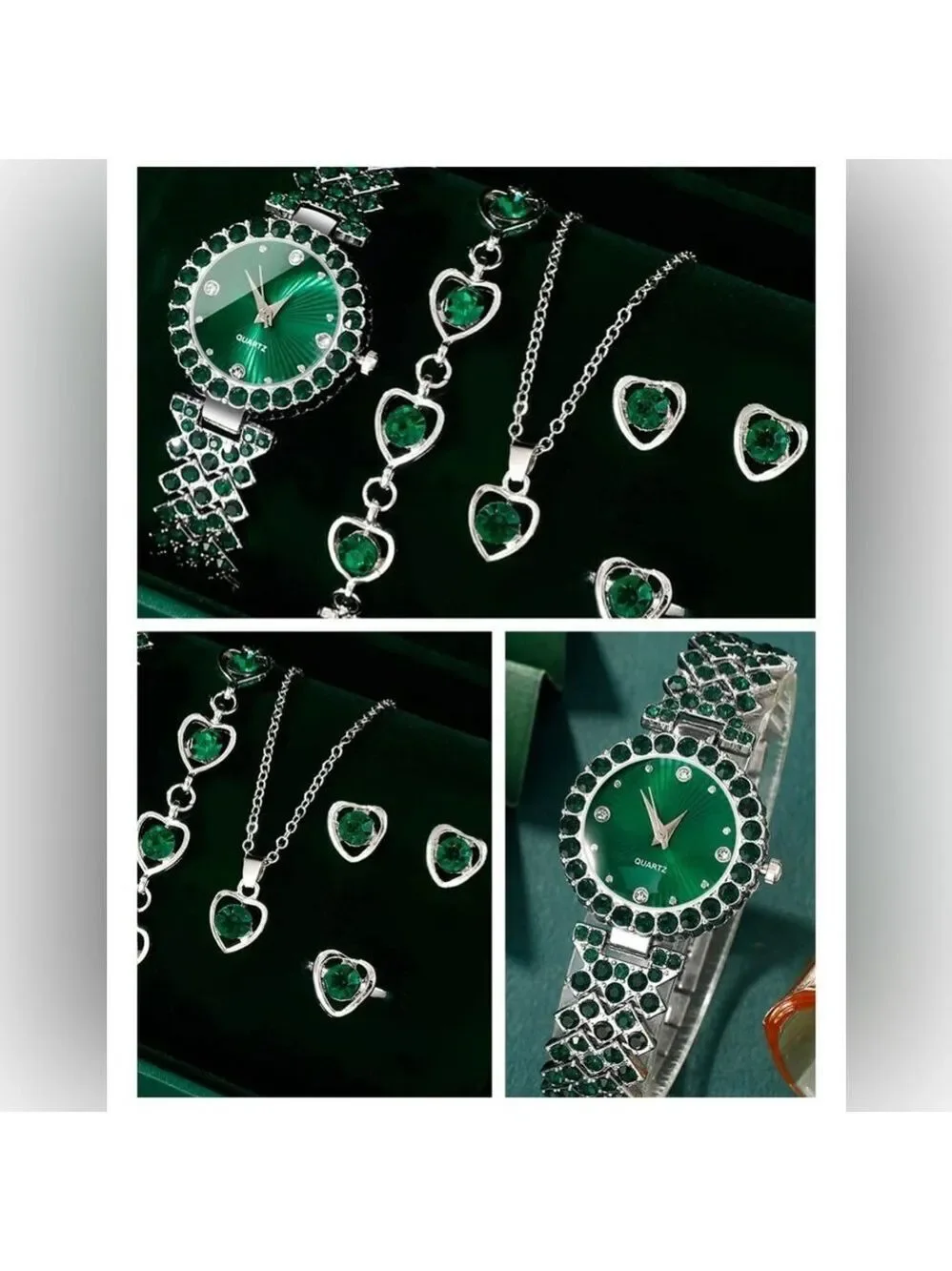 Elegant Green Rhinestone Hearts & Silver Women's Jewelry Set of 5- Quartz Watch